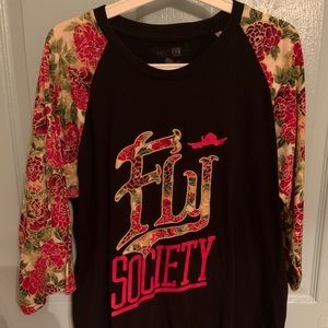 Society Black Raglan Long Sleeve with Red Floral Sleeves